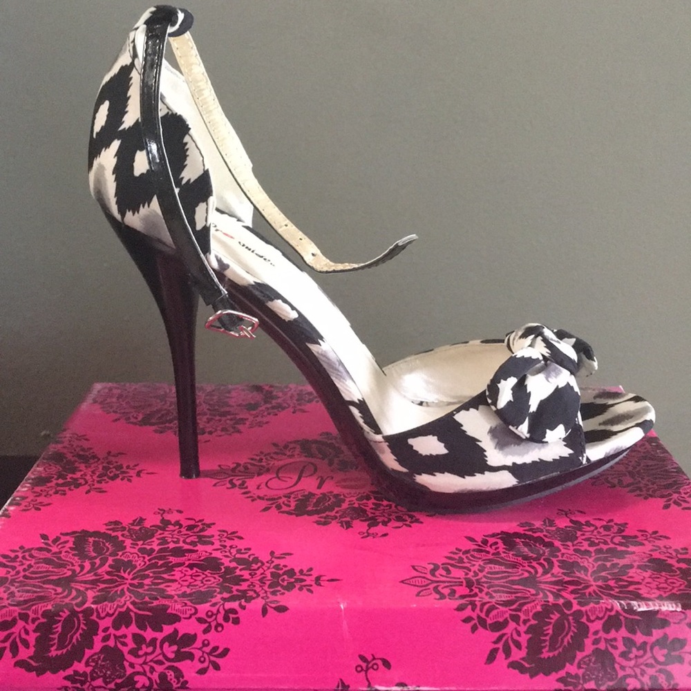 Black gray and tan high heel sandals